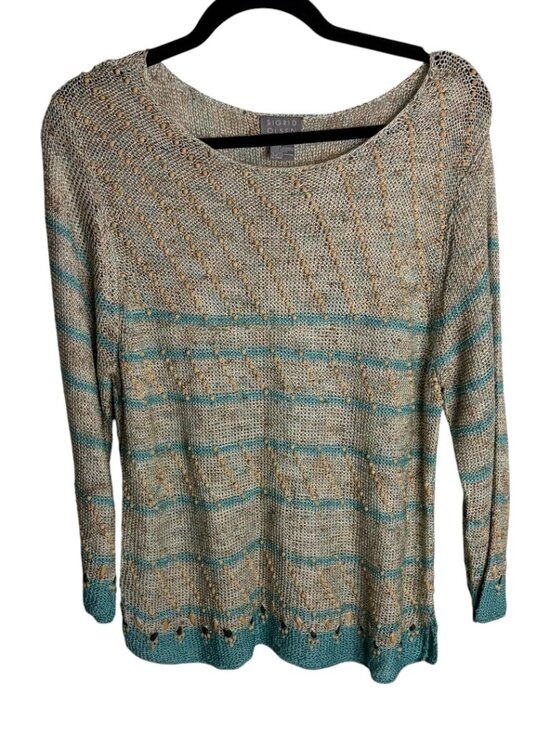Sigrid Olsen Sweaters - Sigrid Olsen Size Xl Costal Beach Open Knit Beaded Sweater Cream Teal Stripes